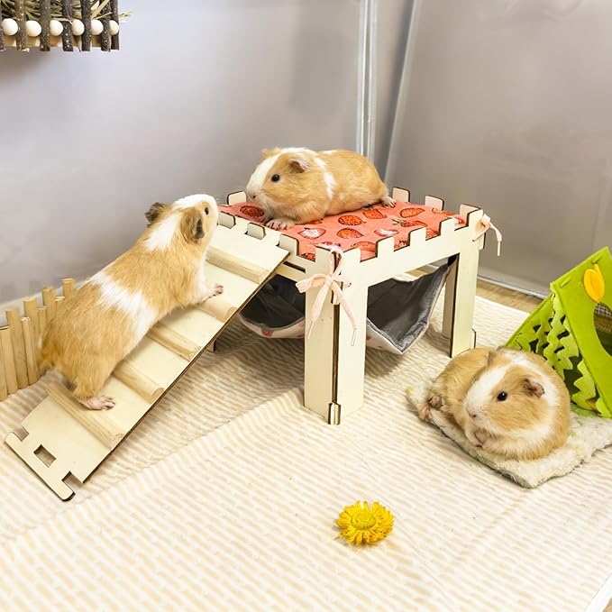 Guinea Pig Hideout with Hammock,Large Wooden Guinea Pigs House with Stairs and Mats,Detachable Guinea Pig Hide for Small Animals Hamster Chinchilla Ferret Habitats Accessories