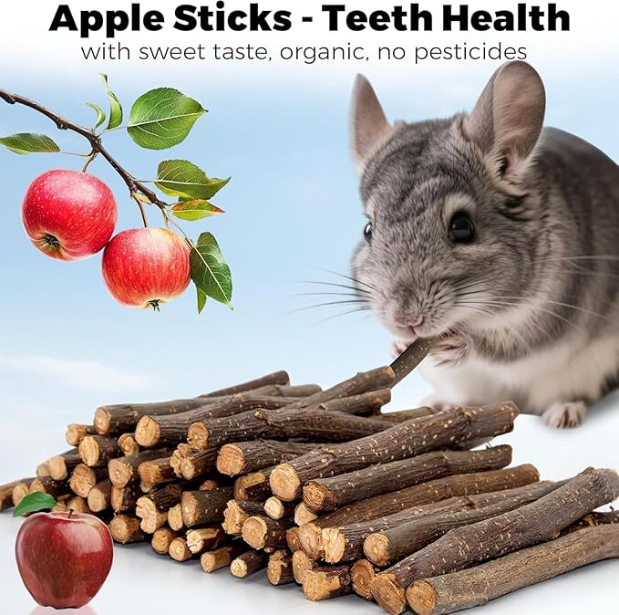 Rotating Chinchilla Chew Toys for Teeth and 250g(0.55lb) Organic Apple Sticks, Natural Wooden Chinchilla Cage Accessories Enrichement for Playtime Puzzle, Chinchillas Treats Molar Wood