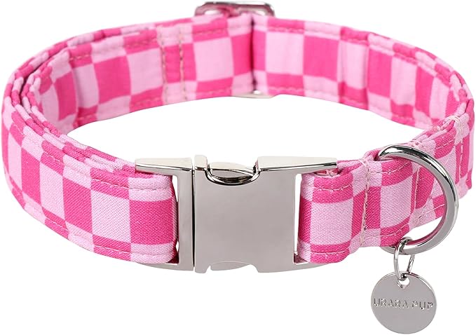 Dog Collar for Summer,Cute Pink Plaid Dog Collar,Cotton Puppy Collar with Adjustable Metal Buckle for Small,Medium,Large Girl Boy Dog