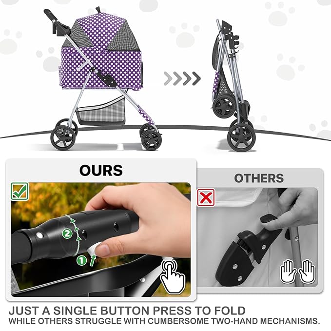 MoNiBloom 3 in 1 Foldable Pet Stroller for Small & Medium Dogs, Detachable Carrier, Car Seat, Push Button Entry, 4-Wheel Jogger for Pets up to 33 lbs, Purple Polka Dots
