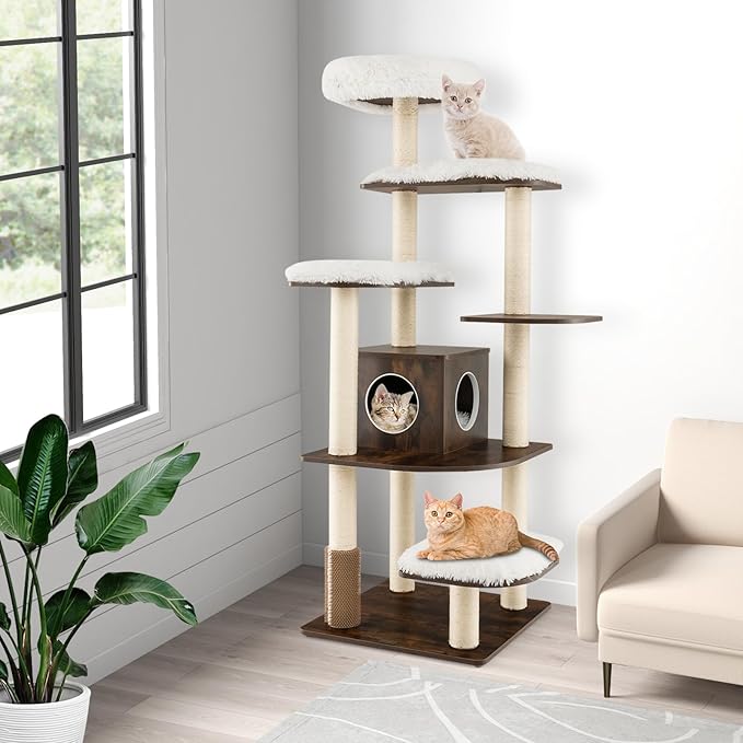 COSTWAY 71-inch Cat Tree, 7-Layer Cat Tower with Scratching Posts, Self Groomer, Top Perch & Private Condo, Retro Cat Activity Center with Washable Cushions for Indoor Cats (Brown)
