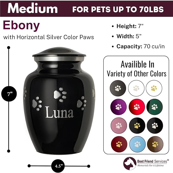 Pet Urn for Dogs and Cats with Personalized Laser Engraving, Ottillie Paws Premier Series Memorial Urns (Medium Ebony with Horizontal Pewter Paws)