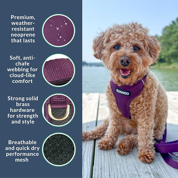 DJANGO Adventure Dog Harness - Stylish, and Durable Large Dog Harness for Outdoor Adventures and Everyday Wear - Plum Purple Neoprene Adjustable Harness for Dogs with Reflective Piping, Brass D-Ring