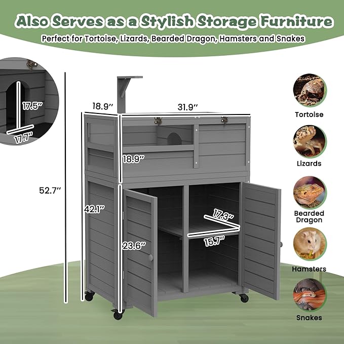 Tortoise Habitat with Storage and Wheels, Large Tortoise Enclosure with Lamp Holder, Indoor & Outdoor Tortoise House, Wooden Reptile Enclosure Small Animal Cage with for Gecko, Lizard, Snake