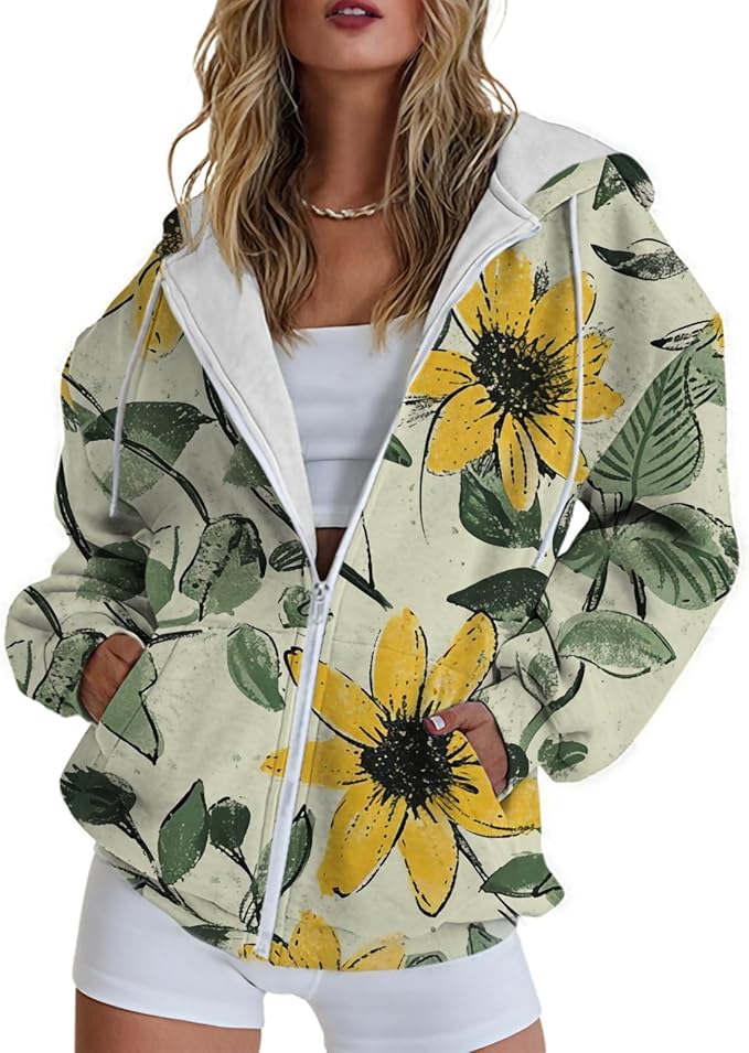 Hoodies for Women Zip Up Long Sleeve Hoodied Sweatshirt with Pockets Retro Graphic Women's Sweatshirt Trendy