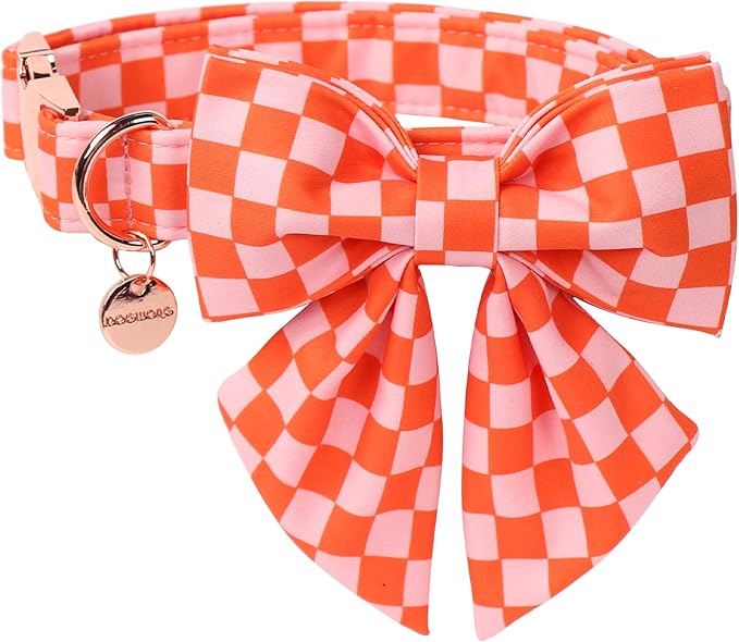 DOGWONG Orange Pink Plaid Dog Collar with Bow - Adjustable and Comfortable Autumn Dog Collar Fall Necklace for Large Medium Small Pet