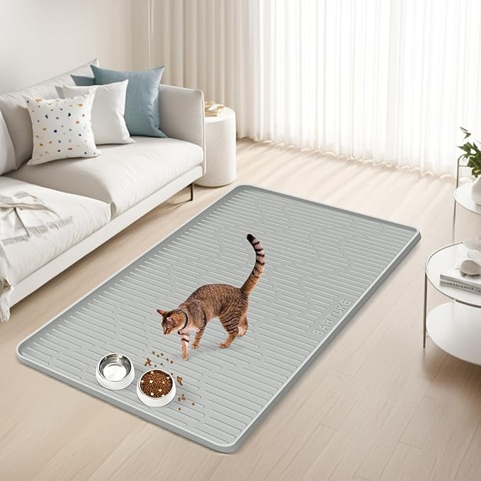 Silicone Cat & Dog Food Mat, 46" x 32" Extra Large Pet Feeding Mat for Cats and Dogs Bowl, Pet Placemat for Food and Water with Raised Edge, Waterproof, Leakproof (Grey)