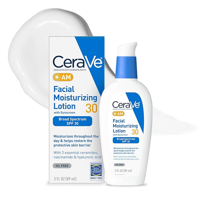 CeraVe AM Facial Moisturizing Lotion with SPF 30, Oil-Free Face Moisturizer with SPF, Formulated with Hyaluronic Acid, Niacinamide & Ceramides, Non-Comedogenic, Broad Spectrum Sunscreen, 3 Ounce