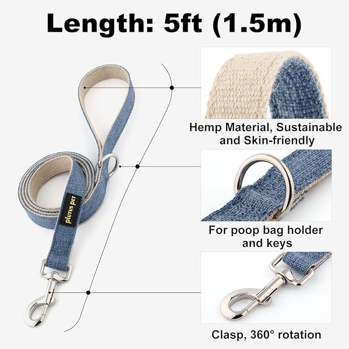 Plutus Pet Cotton Hemp Dog Collar and Leash Set, Adjustable Collar for Small, Medium, and Large Dogs, Heavy Duty and Soft on Skin, Haze Blue, M