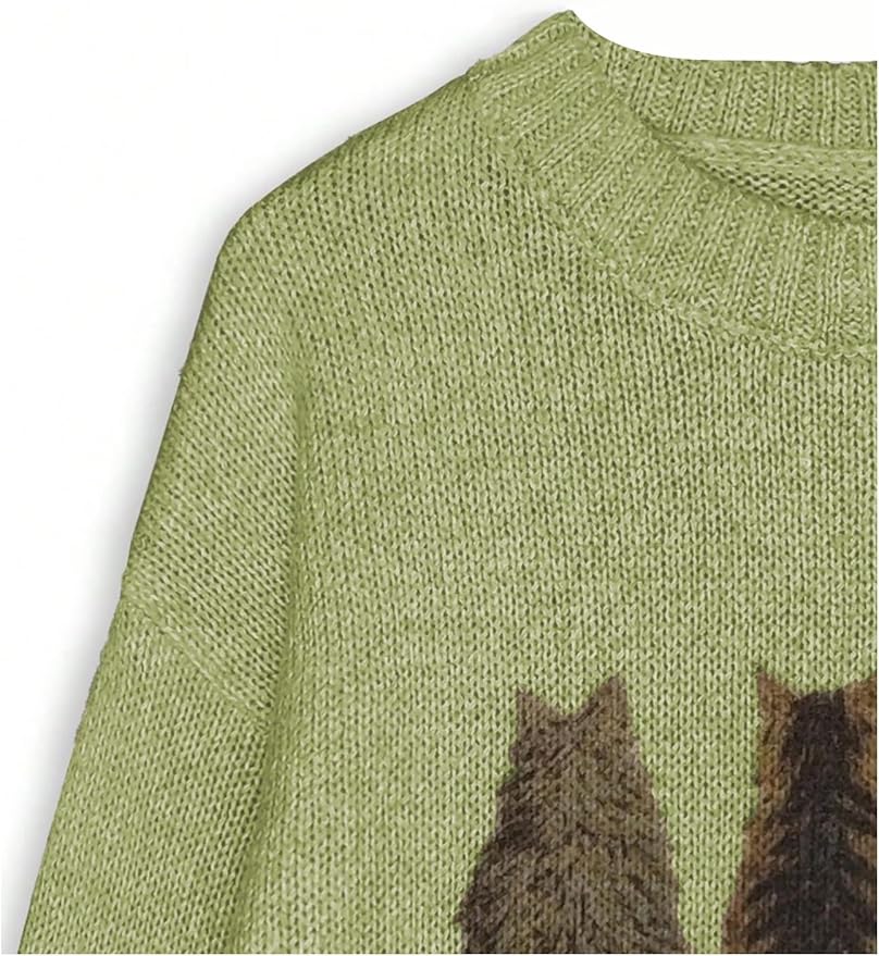 WDIRARA Women's Cat Graphic Sweater Long Sleeve Crew Neck Knit Tops Casual Knitwear