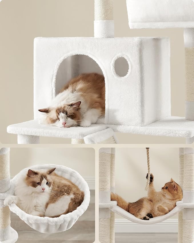 Feandrea Cat Tree, 81.1-Inch Large Cat Tower with 13 Scratching Posts, 2 Perches, 2 Caves, Basket, Hammock, Pompoms, Multi-Level Plush Cat Condo for Indoor Cats, Cream White UPCT190T01