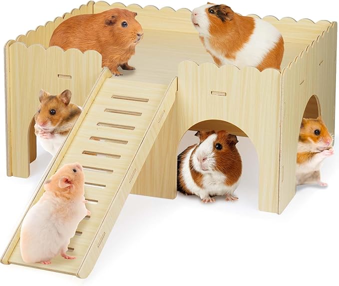 Large Guinea Pig Hideout, Upgraded Wooden Guinea Pig Castle with Guinea Pig ramp, Easy to Assemble Guinea Pig House for Small Animal House Habitat or Hamster Hideout/Rabbit Hideout