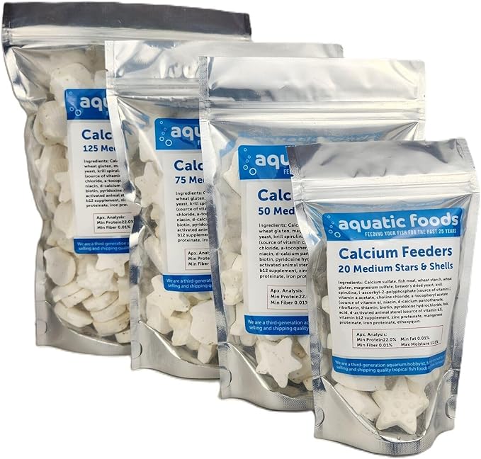 Aquatic Foods Inc. Medium Size Calcium Feeder Stars & Shells for Shrimp, Snails, Crabs, Crayfish, Hermit Crabs and All Tropical Fish…50 Count Bag
