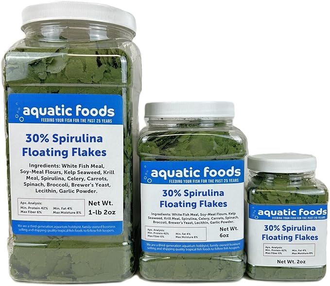 Aquatic Foods Inc. 30% Spirulina Premium Flakes for African Cichlids, All Central and South American Cichlids, Koi, Pond Fish, All Community Tropical Fish...WL 1-lb 2oz Lg Jar