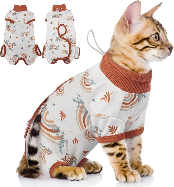 QBLEEV Cat Recovery Suit for Post Surgery, Spay Neuter Suit for Cats, Soft Stretchy Cotton Cat Onesie for Skin Diseases, Anti-Lick Surgical Shirt Pajamas for Abdominal Wound, Kitten Cone Alternative