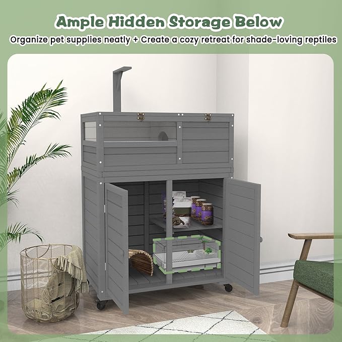 Tortoise Habitat with Storage and Wheels, Large Tortoise Enclosure with Lamp Holder, Indoor & Outdoor Tortoise House, Wooden Reptile Enclosure Small Animal Cage with for Gecko, Lizard, Snake