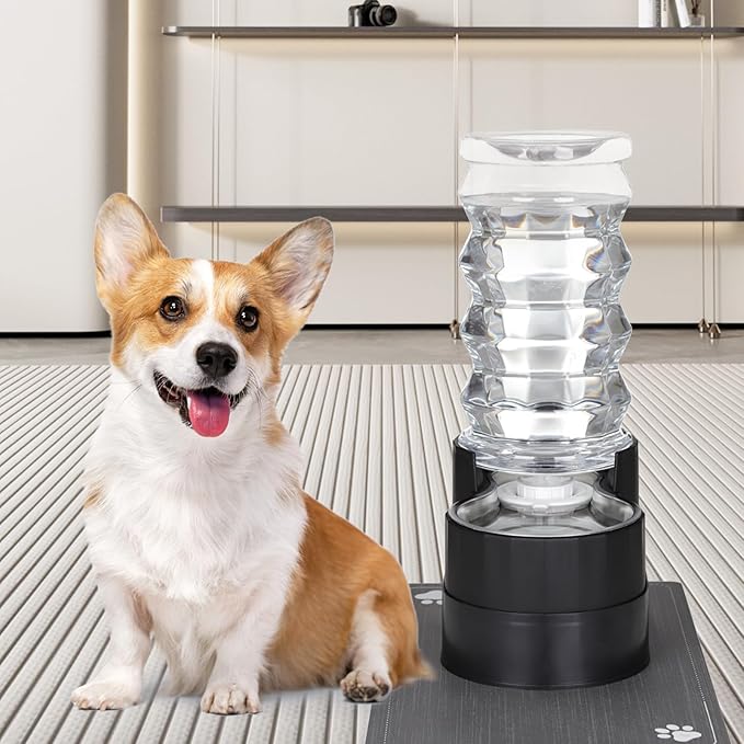 RIZZARI Large Water Dispenser for Dogs: 8L Raised Gravity Black Automatic Stainless Steel Waterer with Specialized Brush and Triple Filter for Senior Dogs - Good for Spine - in Bedroom Garden