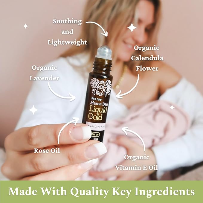 SPRIGS Liquid Gold Nipple Oil, 10ml | Breastfeeding Essentials for Moms | Soothing Organic Calendula, Rose & Lavender Essential Oils Care for Sore Nipples | Mess-Free Roller | Fully Dry Before Nursing