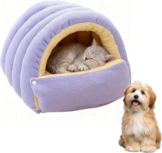 Cat Dog Cave Bed, 2026 New Winter Cave for Cat and Small Dog, Warm Plush Covered Cat House with Removable Cushion,Soft Calming Indoor Cat Bed (Purple, M(14 * 12 * 8inch)