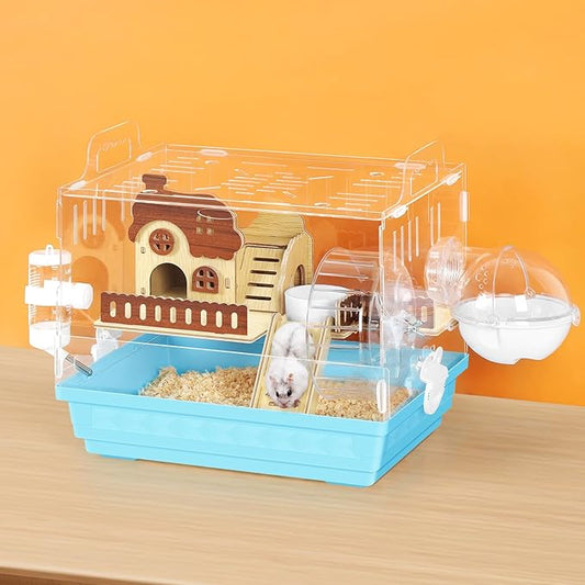 Acrylic Hamster Cage Small Hamster Habitat 360 Viewing Hamster Enclosure with Running Wheel & Chewproof Hideout for Dwarf, Guinea Pig, Gerbils, Blue, 13.3" L*10.2" W*12.4" H