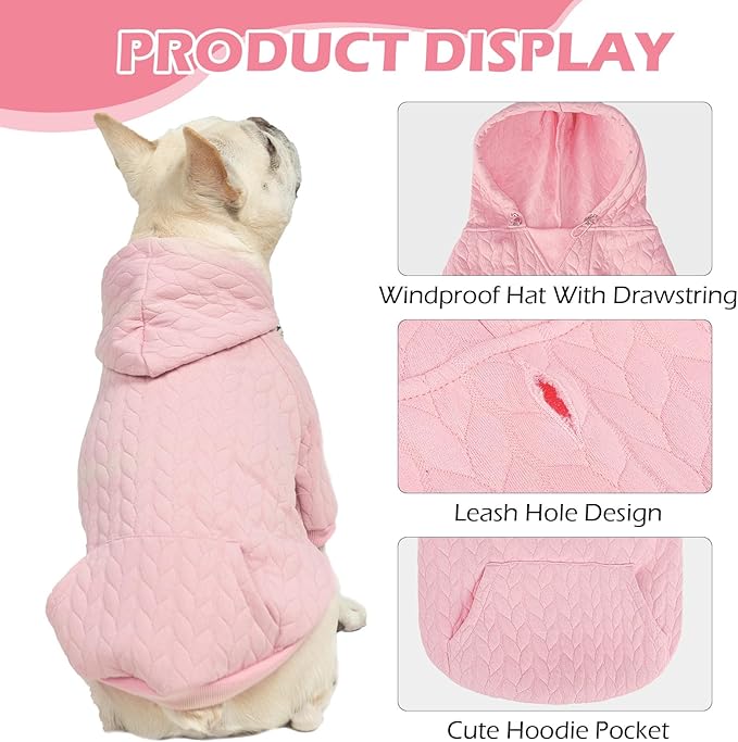 EXPAWLORER Textured Cable Knit Basic Dog Hoodie, Elevated Style Dog Sweater with Leash Hole and Pocket, Soft and Warm Pet Winter Coat, Cold Weather Clothes for Small Medium Large Dogs Cats,Pink XS