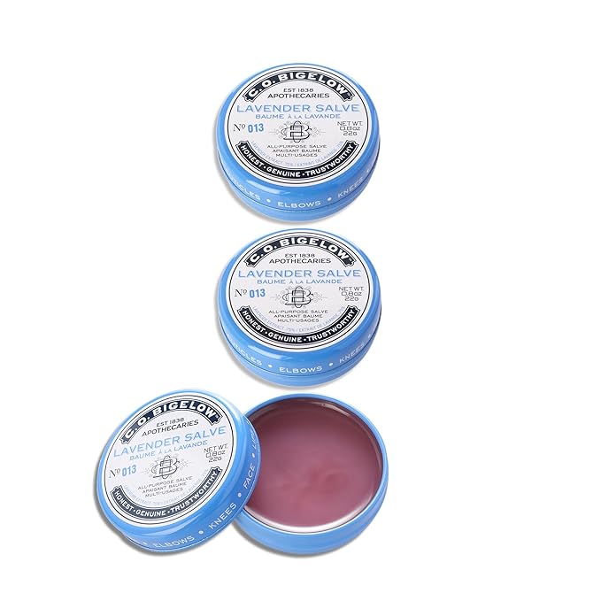 C.O. Bigelow Lavender Salve Tins, Pack of 3 Lip Balm Tins, All Purpose Salve for Lips, Cuticles, Hands & Dry Skin, Lip Balm Set, 0.8 oz