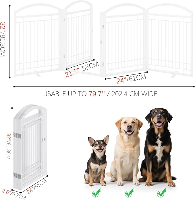 Folding No-Assembly Metal Freestanding Dog Gate with Door Walk Through,32" Height Pet Fence,96" Extra Wide Accordion Puppy Folding Playpen for Doorways,House,Stairs (4 Panels,White)
