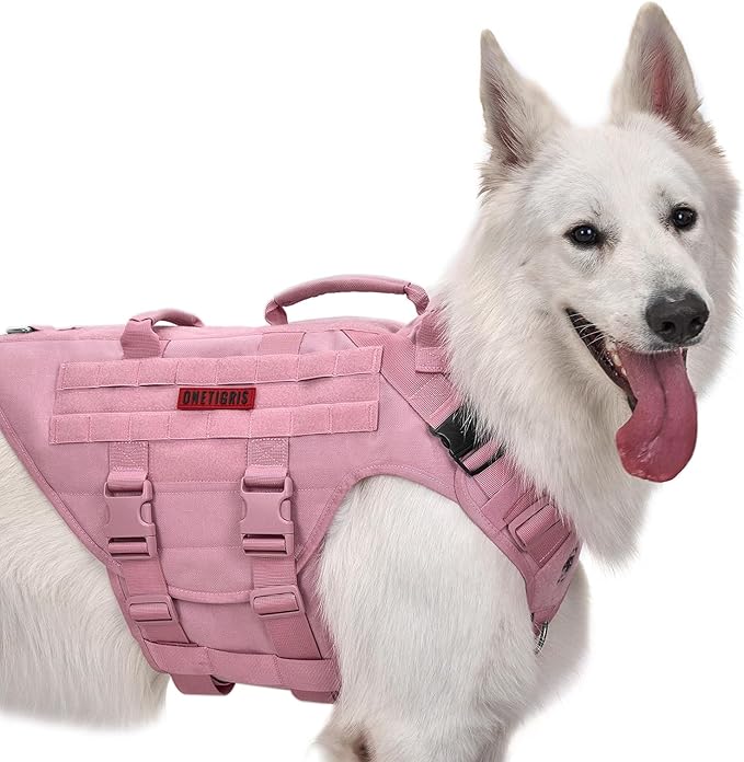 OneTigris Large Tactical Dog Harness, No Pulling Adjustable Dog Vest Harness, Heavy Duty Dog Harness with Handle, Large Hook and Loop Panels for Patch(Pink,L)