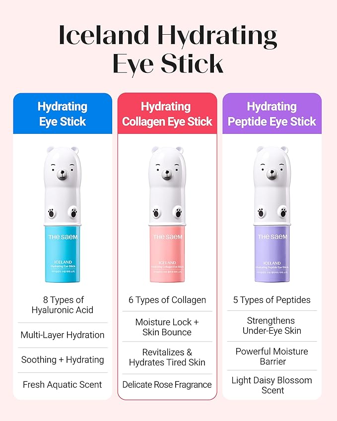 THESAEM Iceland Hydrating Collagen Eye Stick with Cute Bear Keyring Set - 6 Types Collagen Anti-Wrinkle Cooling Balm for Saggy Skin – Under Eye Treatment - Portable K-Beauty Charm, Rose Scent, 0.38oz