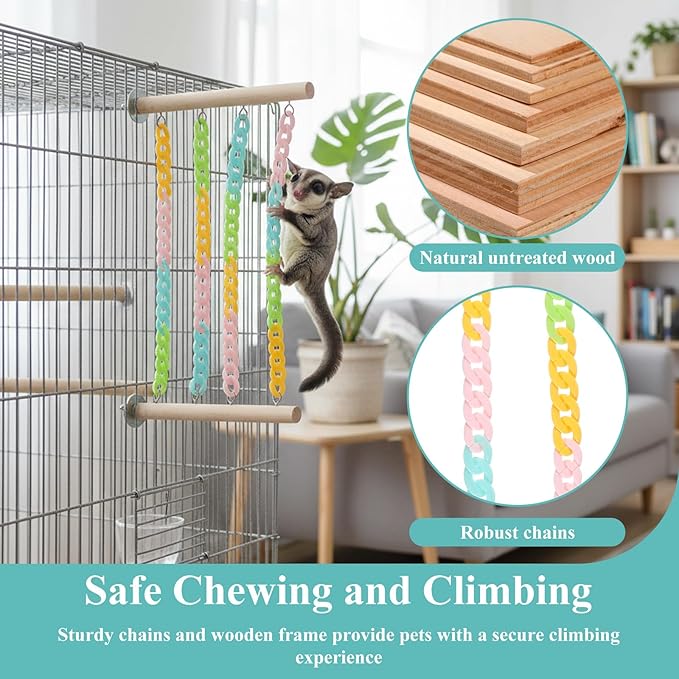 Colorful Sugar Glider Toys and Cage Accessories Natural Wood with Sturdy, Chains Hanging Sugar Glider and Rat Cage Accessories Enrichment Toys for Small Animals and Parrots
