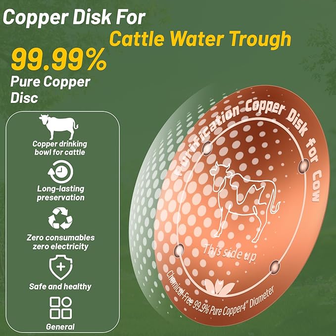 Copper Disk for Cattle Water Trough|4-inch Diameter,0.6mm Thick|99.99% Pure Copper Disc|Automatic Cattle Water Trough Purification Disk with 4 Point Support|Purify Water All Year Round