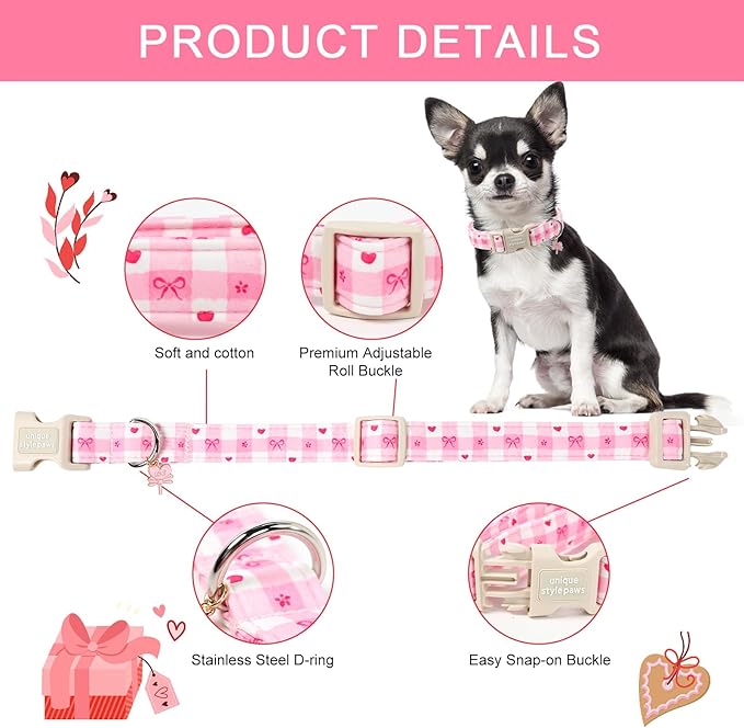 Unique Style Paws Valentine Dog Collar Plastic Buckle with Pendant Pink Grid Bow Love Heart Cotton Puppy Collars for Small Medium Large Dogs