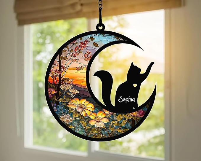 NAZENTI Cat Memorial Suncatcher, Personalized with Name and Cat Breeds, Loss of Pet Sympathy Suncatcher Gifts for Cat Lovers, Cat Sympathy Gift, Remembrance Gifts, Memorial Day Decorations Design 01