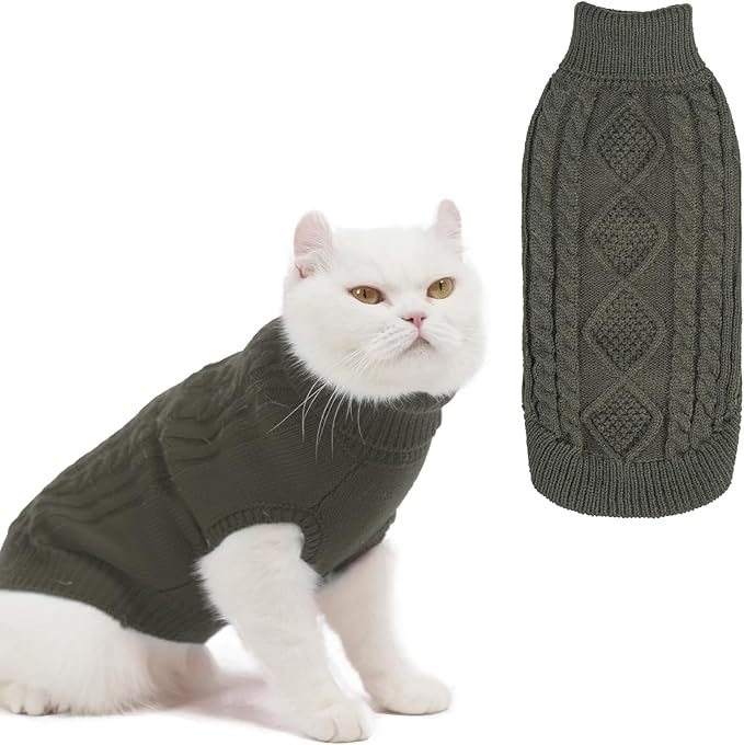 BINGPET Cat Sweater,Thermal Knitted Kitten Clothes Winter Coat,Classic Knit Turtleneck Cat Sweaters for Cats Only,Warm Pet Clothes for Kittens & Small Dogs Puppy Boy Girl Indoor Outdoor(Grey,L)