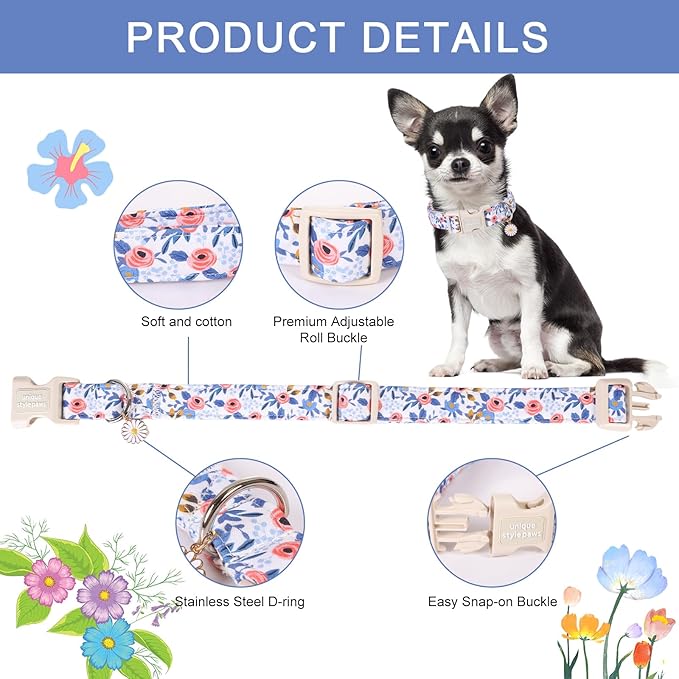 Unique Style Paws Dog Collar Plastic Buckle with Pendant Blue Rose Flower Grid Cotton Puppy Collars for Small Medium Large Dogs
