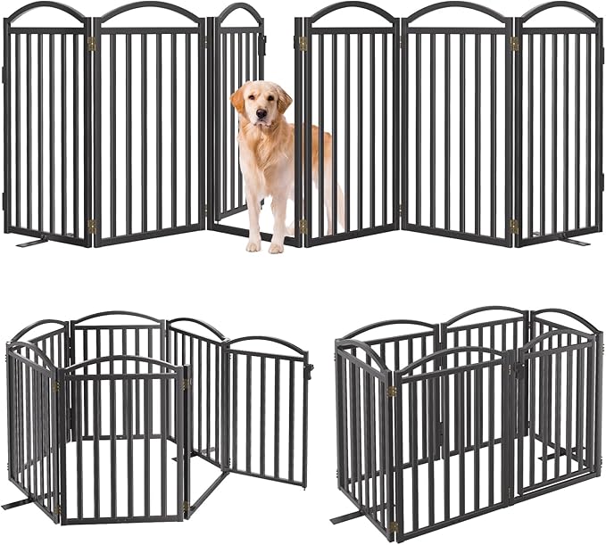 Malier Metal Freestanding Dog Gates with Door, 32'' Height Outdoor Indoor Dog Fences, Extra Wide Foldable Puppy Gate for Stairs (Black, 【6 Panels with Door】 120''W × 32''H)