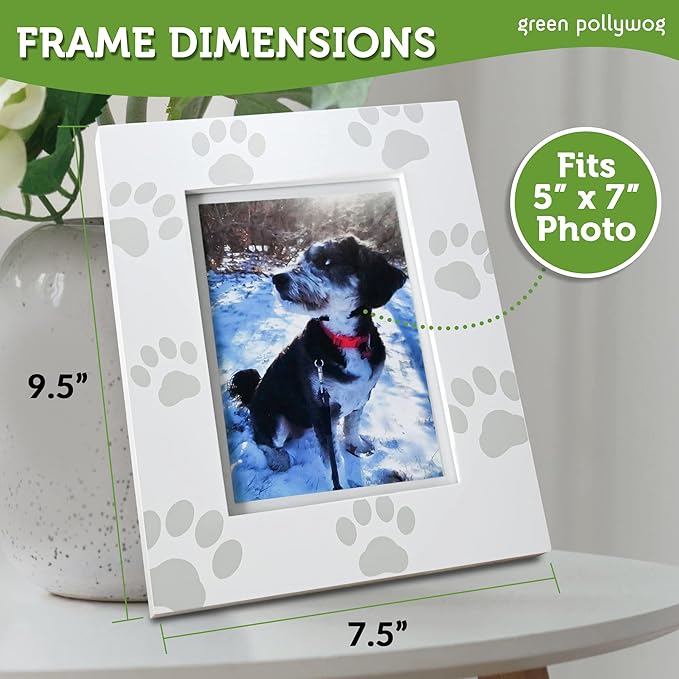 Green Pollywog Screenprinted Paw Print Picture Frame | White Hand-Finished Pinewood | Fits 5” x 7” Photo | Pet Lover Gift