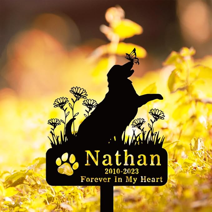 Custom Flowers Dog Memorial Stake Marker Metal Plaque, Personalized Flowers Dog Memorial Grave Marker with Paw, Customized Pet Dog Memorial Grave Stake Outdoor Decor Garden Sign Headstone