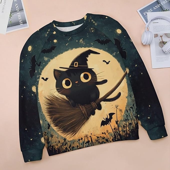 Halloween Sweatshirts for Women Black Cat Print Pullover Crewneck Oversized 2024 Fall Fashion Casual Warm Shirt