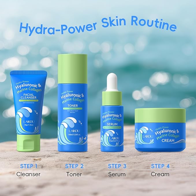 LAIKOU Hydra Power Skin Care - Marine Collagen Skin Care Set - Gift Set for Women with Facial Cleanser, Serum, Toner, Cream, Headband and Greeting Card - Mother's Day, Christmas - Skincare Gift Set