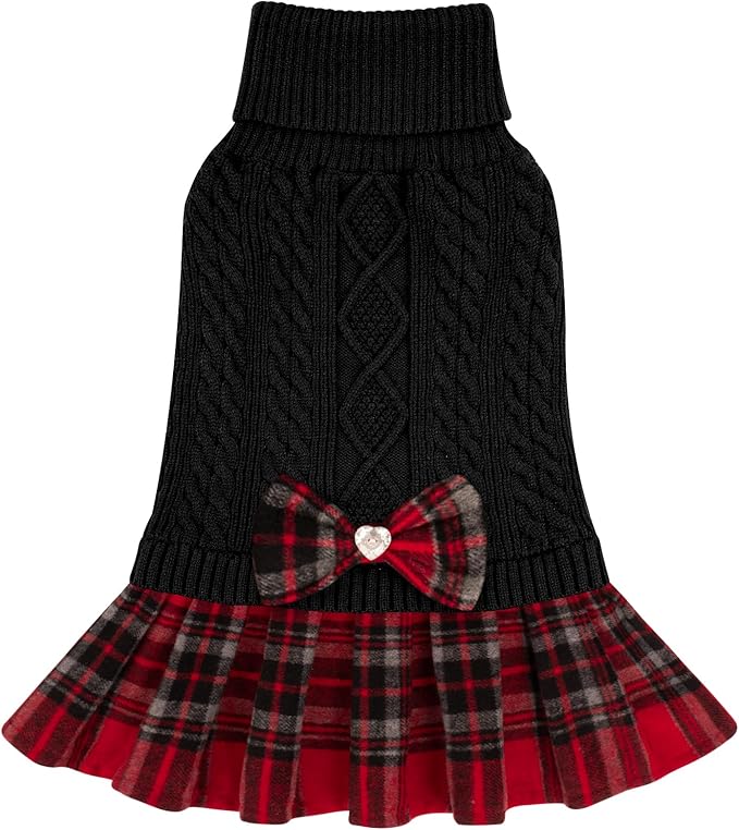KYEESE Dog Sweater Soft Pullover Pet Coats Comfy Turtleneck Cat Sweaters Warm Puppy Sweater Dress Thick Dogs Clothes with Bowtie Stretchy Knitwear Dog Sweaters for Small Dogs Male, Black, X-Small