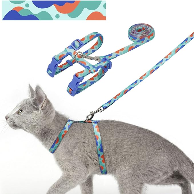 azuza Cat Harness and Leash Set for Safe Walking and Travel, Escape Proof Cat Harness, Lightweight Soft and Comfortable, Adjustable Kitten Harness for Small Medium Large Cats, Blue Camo