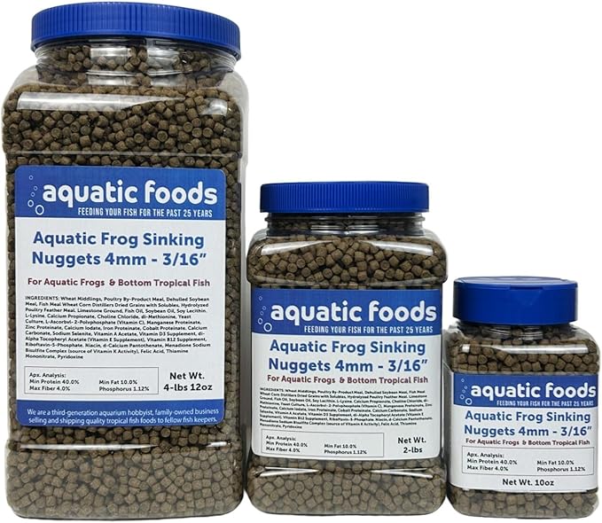 Aquatic Foods Inc. Aquatic Frog, 4mm-3/16 Sinking 40% Protein Nuggets for Aquatic Frogs, Axolotl, Salamanders, Snails, All Bottom Tropical Fish...2-lbs Jar