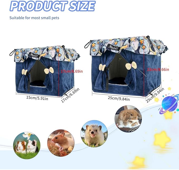 Guinea Pig Bed with Curtain Machine Washable Soft Cozy Chinchilla Bed Hedgehog Beds - Spacious Privacy House Small Animal Hideout for Ferret Hamster Rat Sugar Glider Dwarf Rabbit (Blue, Small)