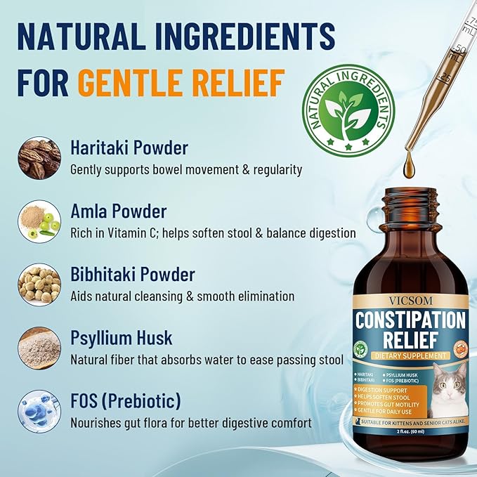 VICSOM Cat Constipation Relief for Cats, Natural Liquid Constipation Drops for Cats Soften Stool, Promotes Digestive Health, Cat Herbal Supplements, Chicken Flavor, 60 Ml/2 Fl Oz