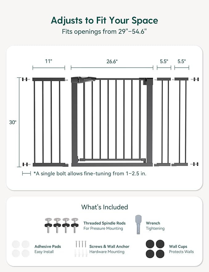 BABELIO Extra Wide Baby/Dog Gate PressGuard P7, 29-55" Auto Close for The House and Doorway, Safety Pressure Mounted Pet Door, NO Need Tools and Drilling, Black