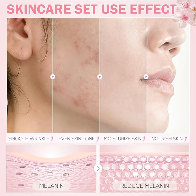 Skin Care Set for Teens Girls,Cherry Blossoms Skincare for Girls 10-12,Hydrating Face Skin Care Kit with Cleanser,Toner,Serum,Eye Cream,Face Cream,Galentines Gifts,Bulk Gift,Valentines Day Gifts