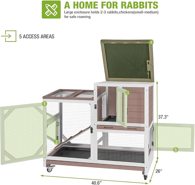 GUTINNEEN Rabbit Hutch Indoor Rabbit Cage with Wheels Outdoor Bunny House 2 Story Guinea Pig Cage with Leakproof Tarp Roof (Brown)