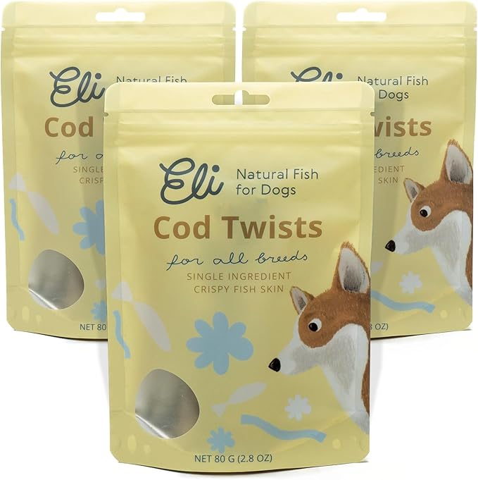 Eli Cod Skin Twists – A Natural, Crunchy Dog Treat Made from Twisted Cod Skins, High in Protein and Omega-3, Ideal for Teeth Cleaning, Single Ingredient, Grain Free, Gluten Free, Air Dried – 3 Pack