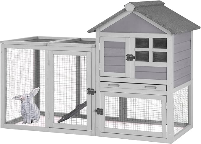 GUTINNEEN Rabbit Hutch Outdoor Rabbit Cage Indoor, 51.6" L Wooden Bunny Cage with No Leakage Pull Out Tray, Guinea Pig Cage for Small to Medium Animals(Gray)